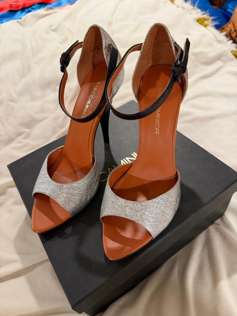 Rebecca Minkoff Ellie Silver Cracked Leather Open-Toe Ankle-Strap Heels 9M